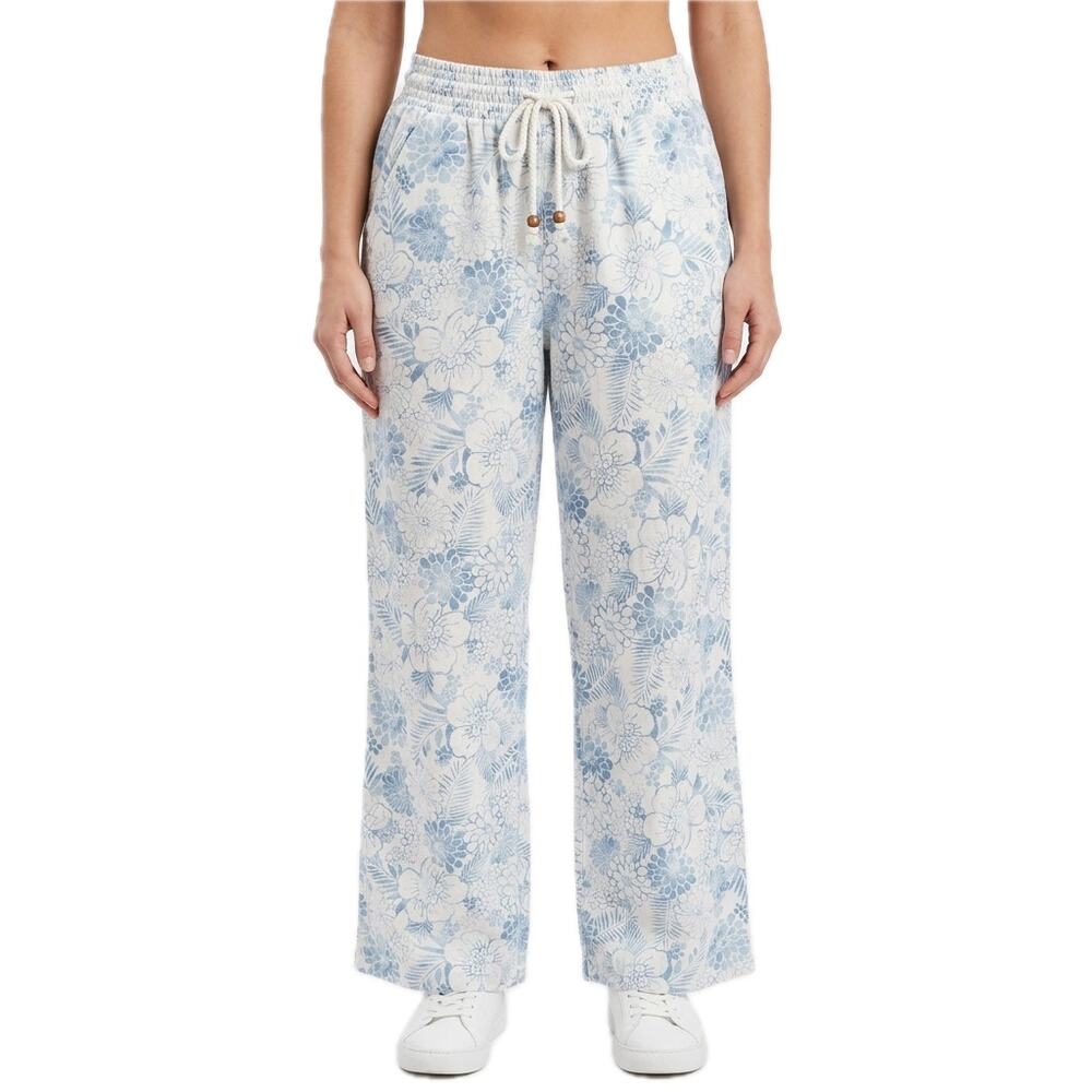 Beau Dawson Blue White Floral Linen Blend Wide Leg Tie Front Pants size L 10 12